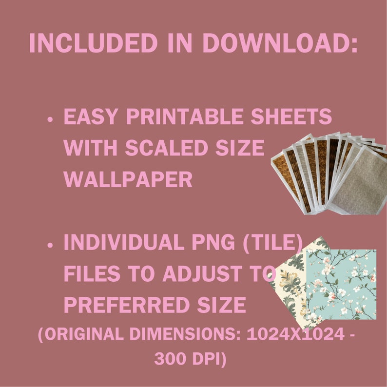 Dollhouse Miniatures Wallpaper, Printable A4 Sheets, Digital Instant