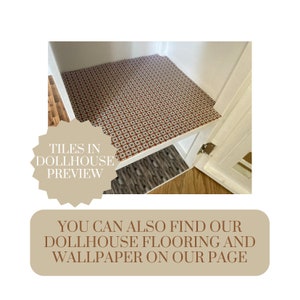 May include: A close-up of a dollhouse shelf with red and white patterned tile flooring. The text "TILES IN DOLLHOUSE PREVIEW" is visible in the image. The text "YOU CAN ALSO FIND OUR DOLLHOUSE FLOORING AND WALLPAPER ON OUR PAGE" is visible in the image.