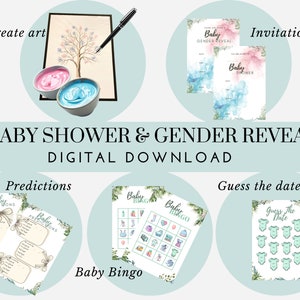 Babyshower en gender Reveal-pakket, uitnodigingen, babybingo, voorspellingskaarten, poster gender Reveal-vingerverf, pdf-bestanden, digitale download