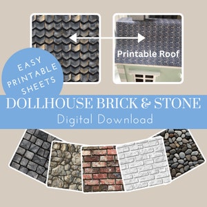 Printable dollhouse brick wall, stone wall and roof sheets. PNG. Digital Download, Cobble Stone Pattern, Red Brick, White Brick,1:12 and 24