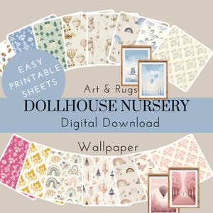 Könnte beinhalten: Ein digitaler Download von druckbarem Puppenhaus-Kinderzimmer-Tapete und Kunstdrucken. Die Tapetenmuster umfassen Regenbögen, Heißluftballons, Eulen und Blumenmuster. Die Kunstdrucke zeigen einen Heißluftballon in einem rosa Wald, eine Eule in einem Baum und einen blauen Himmel mit Ballons.