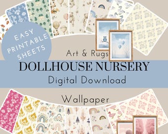 Papel de parede, tapetes e arte para quarto de bebê com tema de casa de bonecas para imprimir. Arte, papéis de parede, tapetes, pôsteres rosa, pôsteres azuis, download digital, quarto infantil.