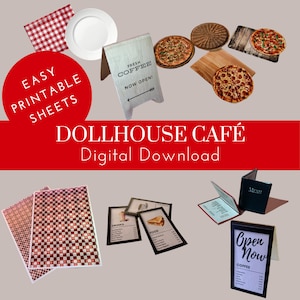 Puppenhaus Miniature Cafe Digitaler Download, PDF druckbare Blätter, Pizzeria, Restaurant, Menü, Teller, Tischsets, Straßenschilder, Diner Fliesen