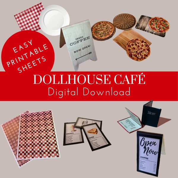 Dollhouse Miniature Cafe Digital Download, PDF Printable Sheets, Pizzeria, Restaurant, Menu, Plates, Placemats, Street Signs, Diner Tiles