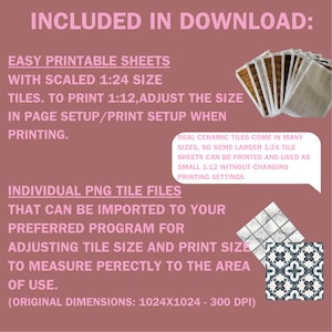 Printable sheets for dollhouse flooring. Dollhouse bathroom flooring and dollhouse tiles. All provided on digital download sheets. The download also include separate original large png files that can be connected manually to preferred size.