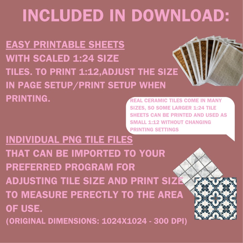 Printable sheets for dollhouse flooring. Dollhouse bathroom flooring and dollhouse tiles. All provided on digital download sheets. The download also include separate original large png files that can be connected manually to preferred size.