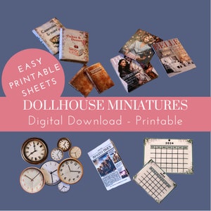 Könnte beinhalten: Druckbare Puppenhausminiaturen, darunter Bücher, Zeitschriften, Uhren und Kalender. Das Bild zeigt eine Vielzahl von Designs, darunter ein Kochbuch, eine Modezeitschrift, eine Zeitung und einen Kalender. Die Miniaturen sind perfekt, um einem Puppenhaus oder einer Miniatur-Szene Details hinzuzufügen.