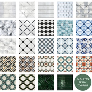 twenty four styles of different realistic looking floor and wall tiles, in one to twenty four scale. These are digital download, printable files. Prints on A4 size paper. Suitable for miniature dollhouse and creative projects.
