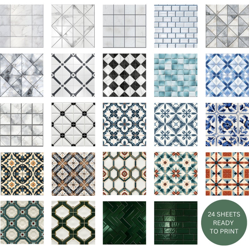 twenty four styles of different realistic looking floor and wall tiles, in one to twenty four scale. These are digital download, printable files. Prints on A4 size paper. Suitable for miniature dollhouse and creative projects.