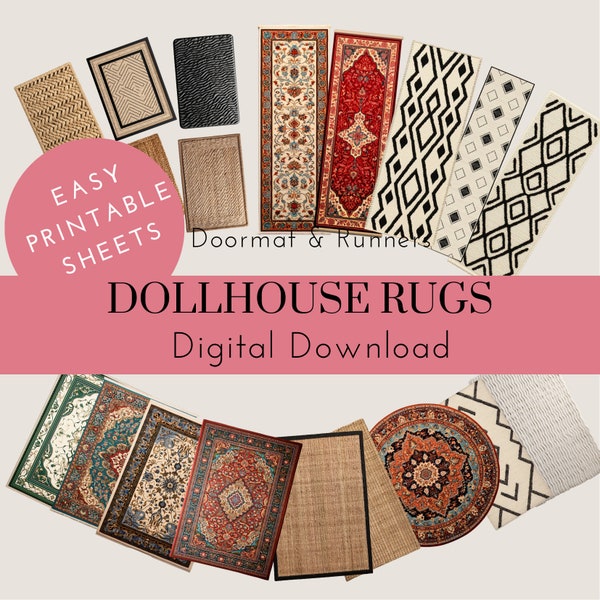 Dollhouse Rugs, Doormats and Runner, Digital Download, Printable A4 PDF sheets, DIY, Miniature
