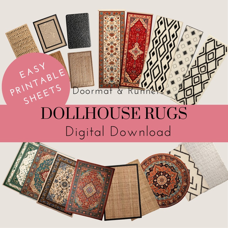 Digital download selection of 5 types of runners, 6 types of doormats and 14 types of rugs that can be printed off and used in dollhouses. Different style rugs and carpets for dollhouse antique, dollhouse modern style and dollhouse industrial style.