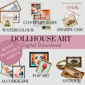 Dollhouse Art, Miniature Clipart Printable Sheets, Watercolour, Contemporary, Shabby Chic, Alcohol Ink, Pop Art, Antique, Dollhouse Decor