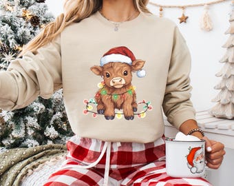 Lichter Pullover Kuh Weihnachtskuh Sweatshirt Kuh Frauen Sweatshirt Kuh Liebhaber Shirt Weihnachten shirt Highland Kuh Bauernhof Weihnachten