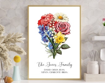 Personalized Family Vintage Art Print Birth Flower Family Bouquet Personalized Family Birth Month Flowers Gift Printable Custom Family Sign