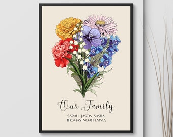 Personalized Family Vintage Art Print Birth Flower Family Bouquet Personalized Family Birth Month Flowers Gift Printable Custom Family Sign