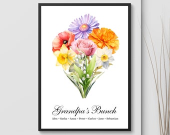 Custom Grandpa's Bunch Art Print Birth Month Flower Personalized Birthday Gift Birth Flower Poster Birth Flower Bouquet Custom Family Art