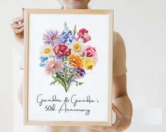 Personalized Grandparents Anniversary Gift Embroidery Style Art Birth Month Flower Custom Gift Printable Birth Flower Bouquet Family Artwork