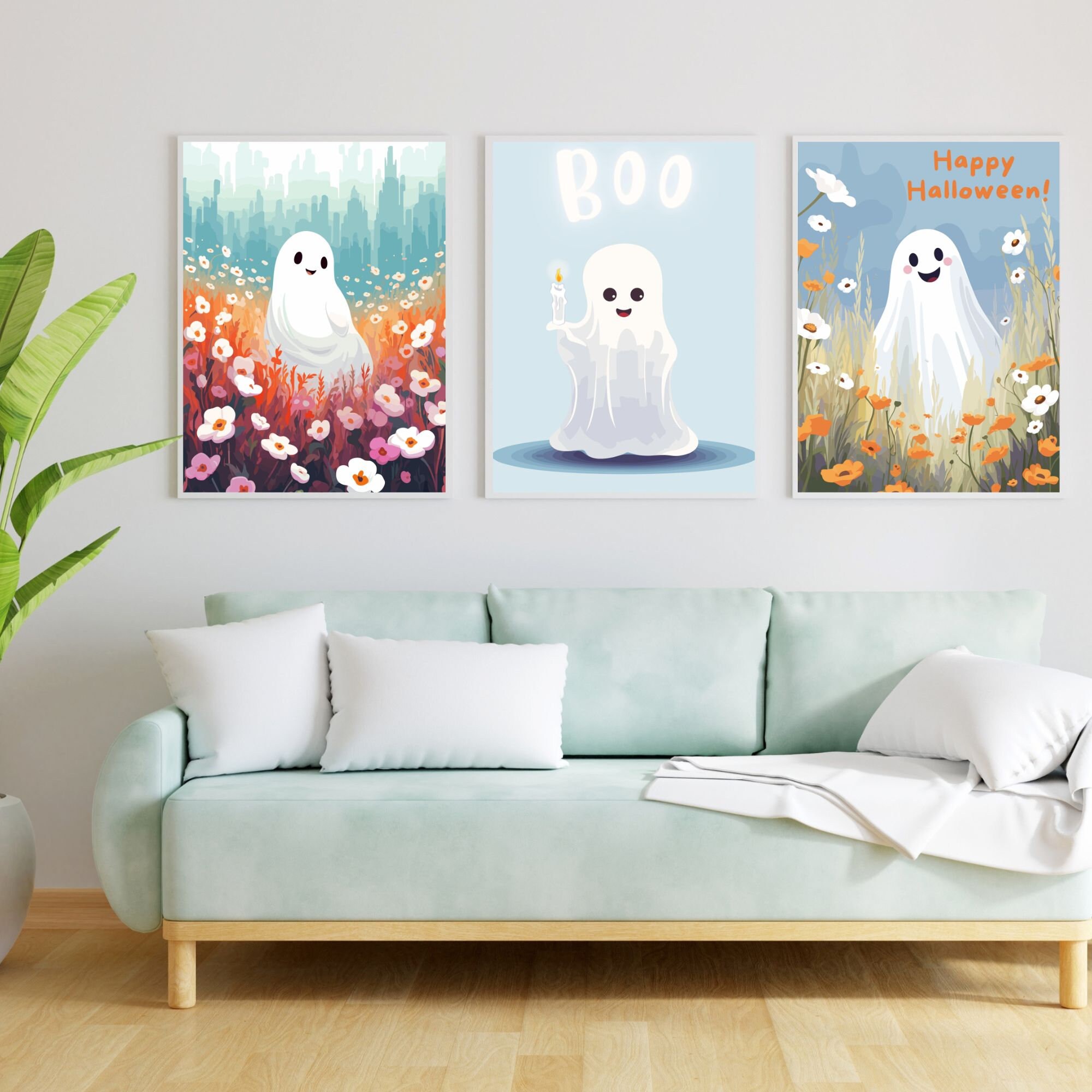 Cute Ghosts Printable Poster Set Wildflowers Daisy Ghost Wall Art Print ...