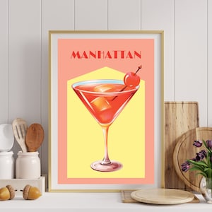 Manhattan Cocktail Poster Retro Cocktail Printable Wall Art Colorful Cocktails Bar Cart Decor Drinks Trendy Alcohol Print Mixology Artwork