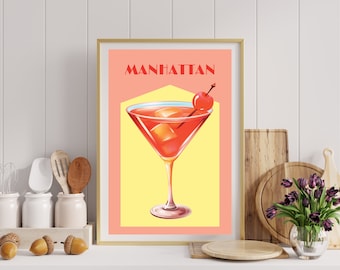 Retro Manhattan Cocktail Art Print | Colorful Bar Cart Decor (Digital Download)