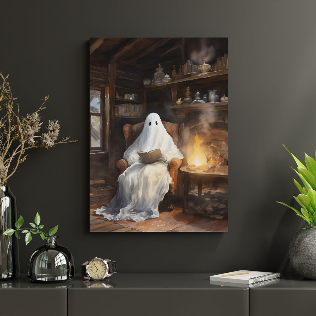 Cozy Halloween Ghost Poster Instant Digital Download Ghost Reading a ...