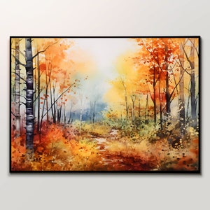 Autumn Forest Watercolor Art Print, Rustic Woodland Wall Art, Autumnal Forest Landscape, Forest in Autumn Poster, Vivid Fall Foliage Art