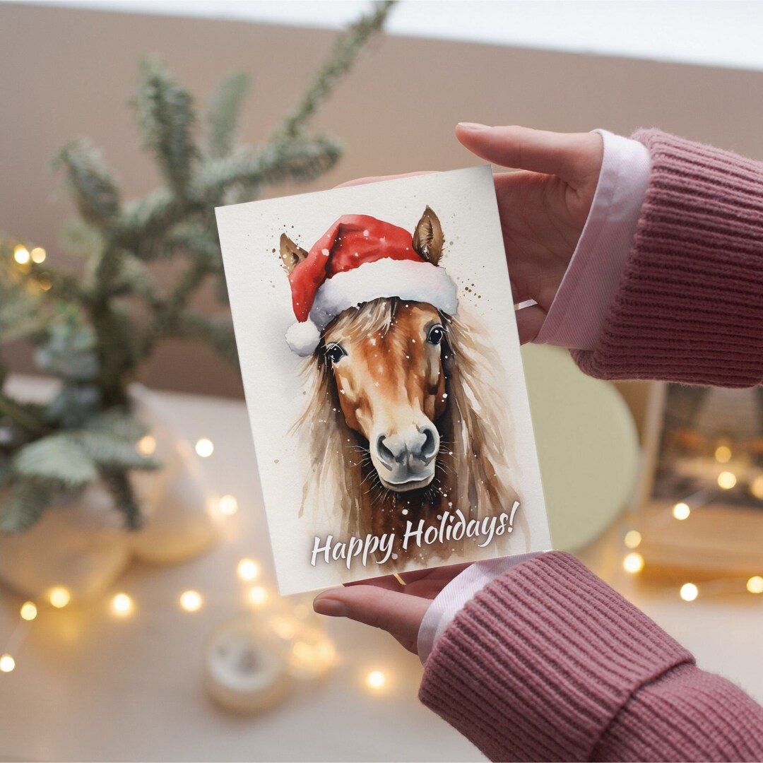 Horse Santa Hat Holiday Card, Printable Xmas Greetings (digital ...