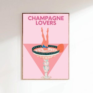 Pink Champagne Print, Champagne Lovers, Cheers Art Print, Bar Cart Print, Vintage Bar Decor, Retro Alcohol Gift, Home Decor, Digital Prints