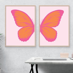 Butterfly Wall Art Print Set of 2, boho butterflies, Nursery Decor Girl, Girl Bedroom Wall Art, Pink Preppy Dorm decor, Digital Prints