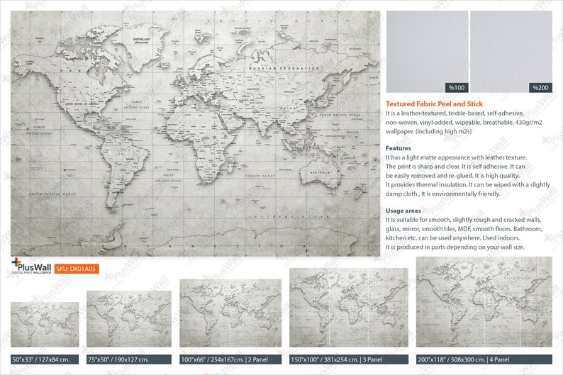 World Map Peel and Stick Wallpaper Large Size Actual World Etsy