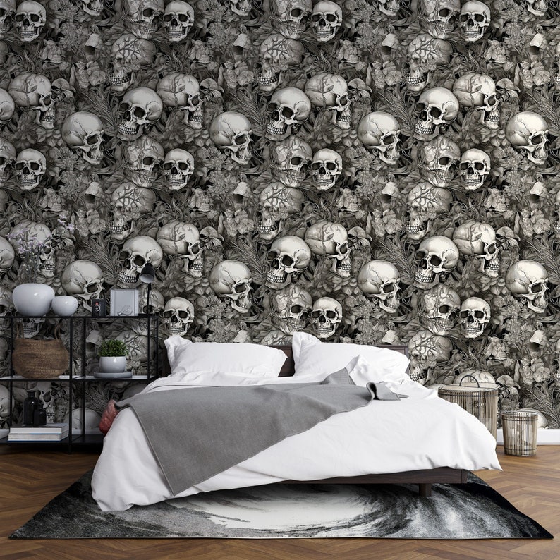 White Skulls, Skeleton, Bones Peel and Stick Wallpaper, Gothic Bedroom