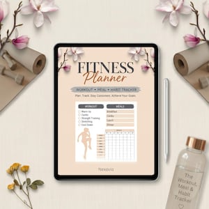Könnte beinhalten: Ein digitales Tablet mit einem Fitnessplaner, der Bereiche für Training, Mahlzeiten und Gewohnheitsverfolgung enthält. Der Bildschirm zeigt den Text Fitness Planner, Workout, Meal, Habit Tracker und Nexovio sowie die Silhouette einer Person.