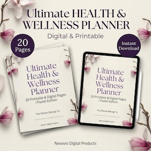 Könnte beinhalten: Ein digitaler und druckbarer Gesundheits- und Wellnessplaner mit 20 Seiten, mit dunkelviolettem Text auf cremefarbenem Hintergrund, verziert mit rosa Magnolienblüten. Er enthält eine Titelseite mit Platz für einen Namen und den Markennamen.