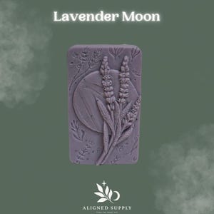 May include: A purple bar of soap with a lavender design and the text "Lavender Moon" on a green background.