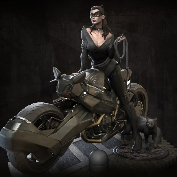 Catwoman Bike Statue STL Datei, 3D Digitaldruck STL Datei für 3D Drucker, Film Charaktere, Spiele, Figuren, Diorama 3D Modell