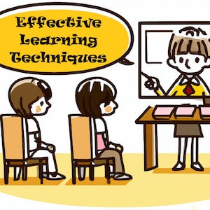 May include: Cartoon illustration of a classroom scene. Two students sit in chairs, facing a teacher on a screen. The text "Effective Learning Techniques" is in a yellow speech bubble.