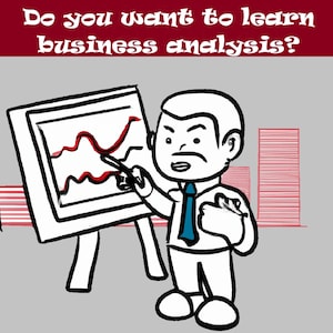 Può includere: Un'illustrazione di un cartone animato di una persona che punta a un grafico a linee su una lavagna bianca. Il grafico mostra una linea rossa che sale. La persona indossa una cravatta blu e ha un'espressione seria sul viso. Il testo "Vuoi imparare l'analisi aziendale?" è in cima all'immagine.