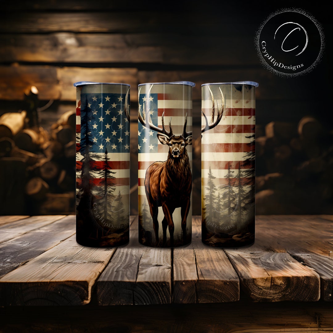 Elk American Flag Tumbler Wrap, Hunting, 20 Oz Seamless Skinny Tumbler