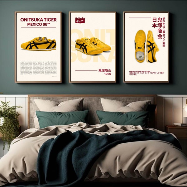 Vintage Sneaker Poster Onitsuka Tiger Mexico 66 Yellow 3 Set OG Classic Print Sneakerhead Hypebeast Arte de pared imprimible