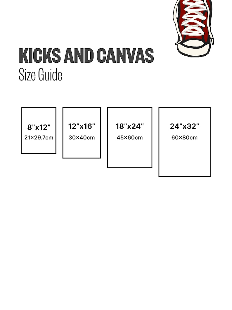 May include: Size guide for canvas prints with four different sizes: 8x12 inches (21x29.7 cm), 12x16 inches (30x40 cm), 18x24 inches (45x60 cm), and 24x32 inches (60x80 cm).
