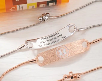 Custom Name Medical Alert ID Bracelet Personalized Medical Bracelet Adjustable ID Tag Bracelet Emergency Survival Wristband for Her/Women