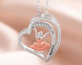 Personalized Heart Pendant Necklace, Custom Name Engraved Ballet Dance Jewelry, Gift for Dancer, Birthday/Graduation Gifts for Her/Him,