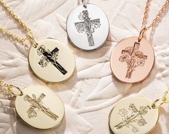 Customized Cross Necklace Christian Jewellery Gift for Her Mom Personalized Birth Flower Jewelry Gifts