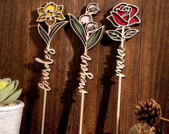 Personalized Birth Flower Decor Birthmonth Flower Wood Ornament Wooden Decor Custom Name Wooden Birth Flower Gift for Her Mom Mum Grandma
