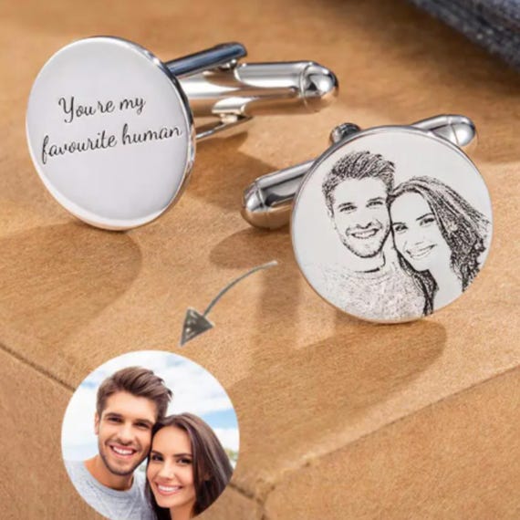 Photo-engraved cufflinks that turn a cherished image into a wearable keepsake — a genuinely personal touch for a wedding or memorial occasion.