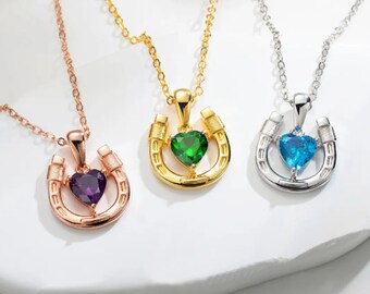 Personalized Birthstone Horseshoe Necklace Love & Lucky Necklace Heart Birthstone Jewelry Birthday Gift for Her Daughter Horse Lover Gifts