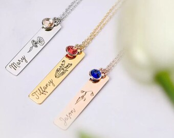 Personalized Birth flower Pendant with Birthstone Name Engraved Jewellery Anniversary Gift for Wife Birthday Gifts for Girlfriend Custom
