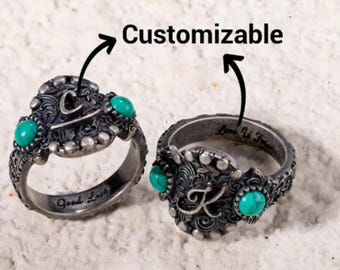 Custom Western Ring Engraved Initial Letter/Logo Turquoise Ring Jewelry Gift for Her Boho Style Good Luck Ring for Women Cowgirl Gifts