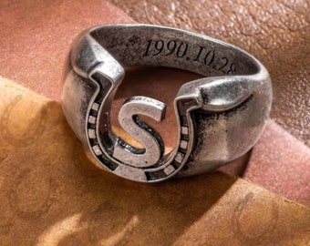 Personalized Horseshoe Ring Custom Initial Letter Engraved Name Birthday Western Jewellery Gifts for Her Mom Wife Cowgirl Gift