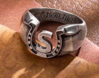 Personalized Horseshoe Ring Custom Initial Letter Engraved Name Birthday Western Jewellery Gifts for Her Mom Wife Cowgirl Gift